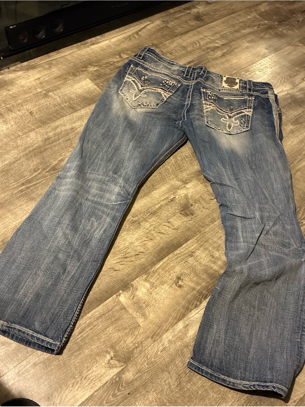 Vintage Rock Revival Jeans Men’s Blue Cotton Straight Distressed Flap SZ 42 - Picture 9 of 16